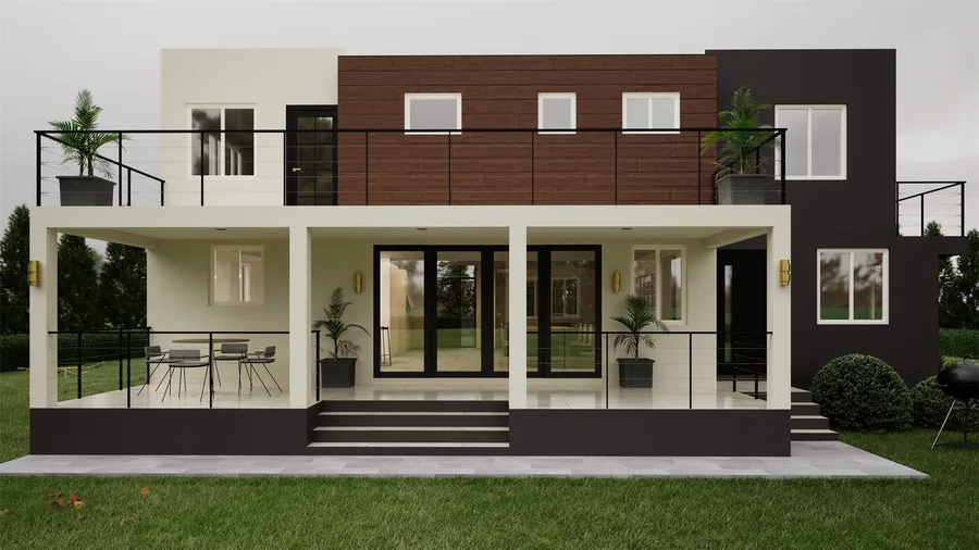 Photorealistic render of the rear elevation of a modern residence, showing a covered patio and garden.